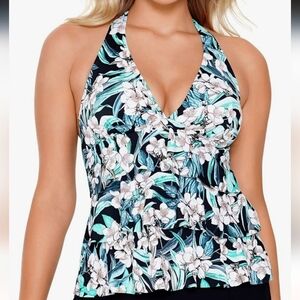 Swim Solutions Vintage Bouquet Black Tiered Halter Tankini Swim Top Sz 8